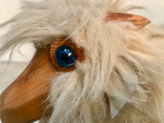 Vintage Pinewood Goat Sculpture with Long Fur and Leather, 1970s-JP-980223