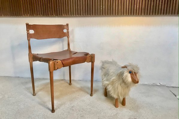 Vintage Pinewood Goat Sculpture with Long Fur and Leather, 1970s-JP-980223