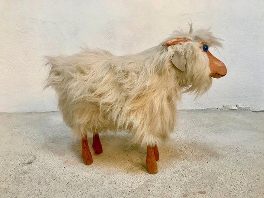 Vintage Pinewood Goat Sculpture with Long Fur and Leather, 1970s-JP-980223