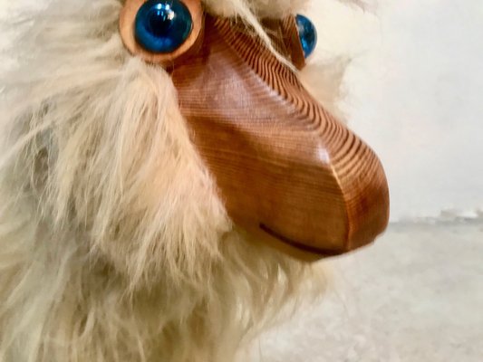 Vintage Pinewood Goat Sculpture with Long Fur and Leather, 1970s-JP-980223