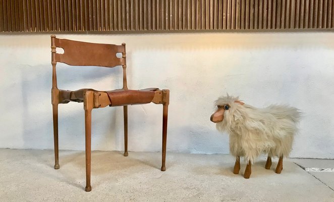 Vintage Pinewood Goat Sculpture with Long Fur and Leather, 1970s-JP-980223