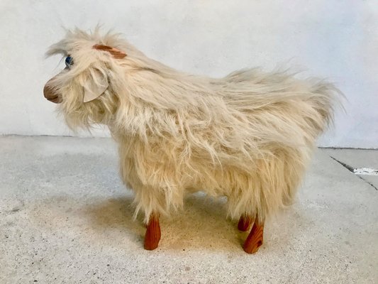 Vintage Pinewood Goat Sculpture with Long Fur and Leather, 1970s-JP-980223