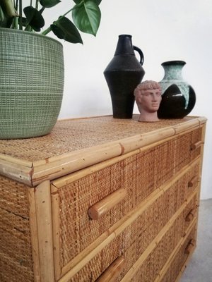 Vintage Rattan and Bamboo Chest of Drawers, Italy, 1970s-UIW-1264145