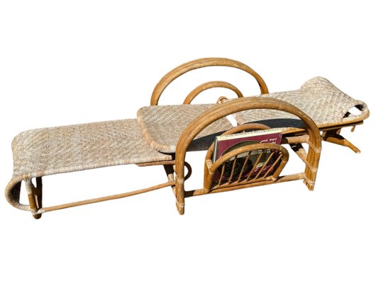 Vintage Rattan and Bamboo Lounge Chair with Magazine Holder, Italy, 1960-SDV-2018519