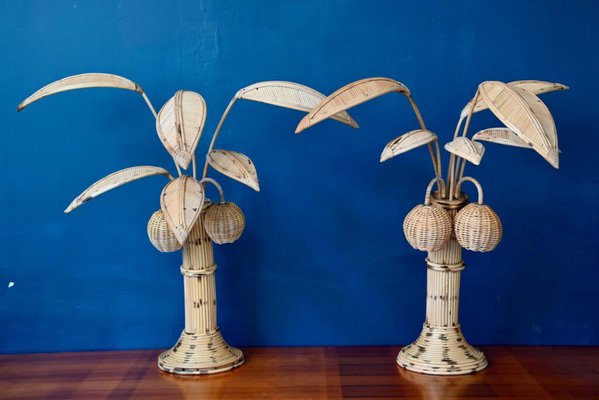 Vintage Rattan Palm Lamp, 1970s, Set of 2-AIU-1723369