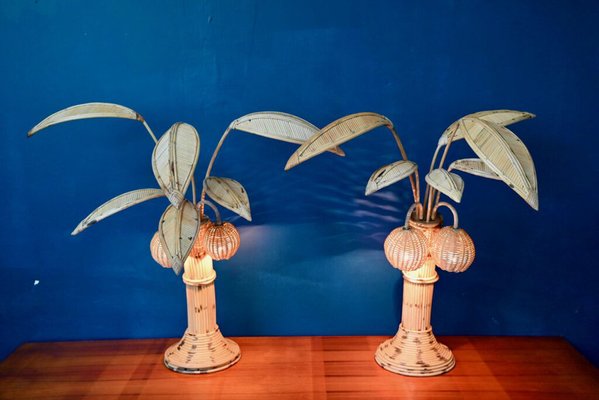 Vintage Rattan Palm Lamp, 1970s, Set of 2-AIU-1723369