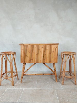 Vintage Rattan Tiki Bar Set with Two Rattan Stools, Set of 3-TDA-1755187