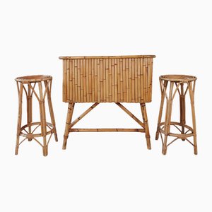 Vintage Rattan Tiki Bar Set with Two Rattan Stools, Set of 3-TDA-1755187