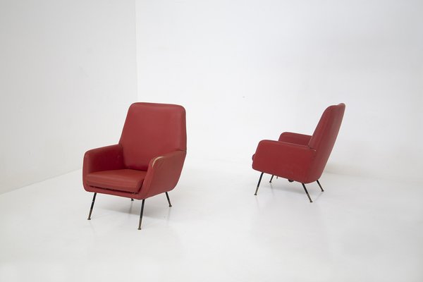 Vintage Red Leather with Brass Feet Armchairs, 1970s, Set of 2-RCE-1404681