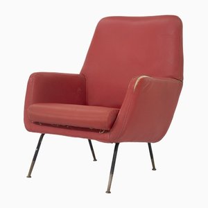 Vintage Red Leather with Brass Feet Armchairs, 1970s, Set of 2-RCE-1404681