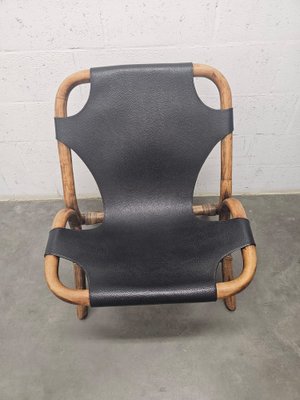 Vintage Relaxation Armchair in Rattan with Black Leather Seat, 1960s-ZJJ-1822185