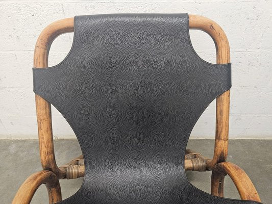 Vintage Relaxation Armchair in Rattan with Black Leather Seat, 1960s-ZJJ-1822185