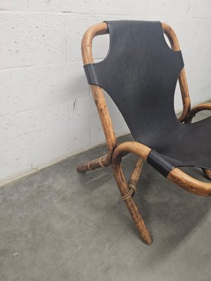 Vintage Relaxation Armchair in Rattan with Black Leather Seat, 1960s-ZJJ-1822185