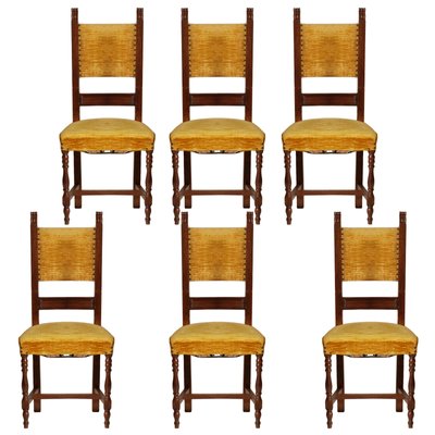 Vintage Renaissance Style Italian Walnut Dining Chairs, 1930s, Set of 6-NJV-575135