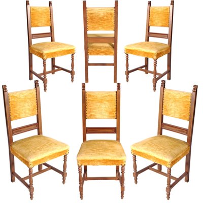 Vintage Renaissance Style Italian Walnut Dining Chairs, 1930s, Set of 6-NJV-575135