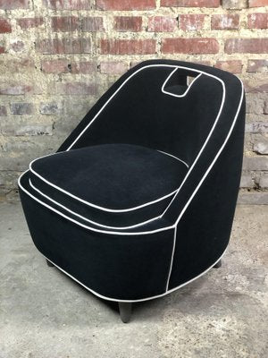 Vintage Retro Lounge Chair in Black Velvet with White Trim, 1980s-RWZ-1332801