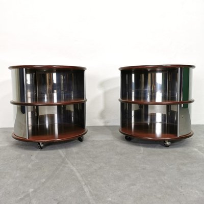 Vintage Round Bedside Tables in Walnut and Steel, 1970s, Set of 2-PRS-1702542