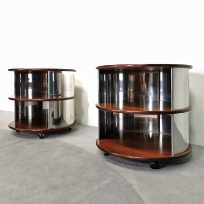 Vintage Round Bedside Tables in Walnut and Steel, 1970s, Set of 2-PRS-1702542