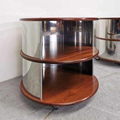 Vintage Round Bedside Tables in Walnut and Steel, 1970s, Set of 2-PRS-1702542