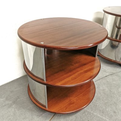 Vintage Round Bedside Tables in Walnut and Steel, 1970s, Set of 2-PRS-1702542