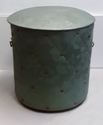 Vintage Round Plywood Trunk with Green Patterned Faux Fiber, 1950s-HOI-1146944