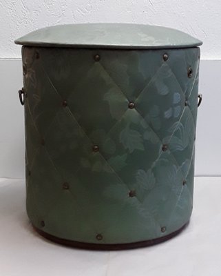 Vintage Round Plywood Trunk with Green Patterned Faux Fiber, 1950s-HOI-1146944