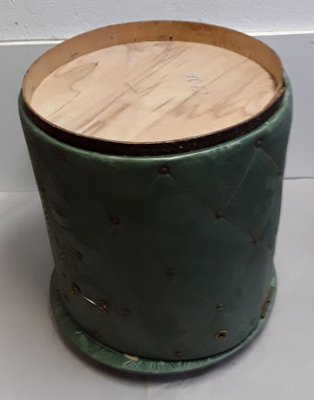 Vintage Round Plywood Trunk with Green Patterned Faux Fiber, 1950s-HOI-1146944