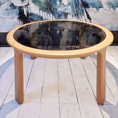 Vintage Round Table in Beige Leather and Amber Glass by Luigi Massoni, 1970s-PRS-1788229