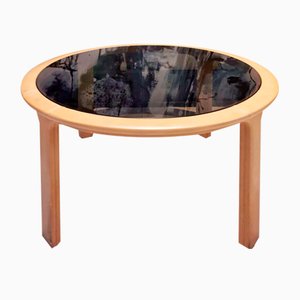 Vintage Round Table in Beige Leather and Amber Glass by Luigi Massoni, 1970s-PRS-1788229