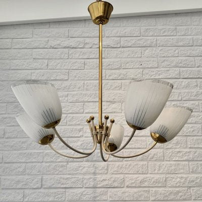 Vintage Scandinavian Five Arm Chandelier in Brass and Glass, Sweden, 1930s-LIV-2036201