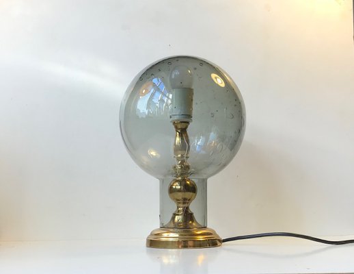 Vintage Scandinavian Gray Glass and Brass Table Lamp, 1970s-LCR-709678