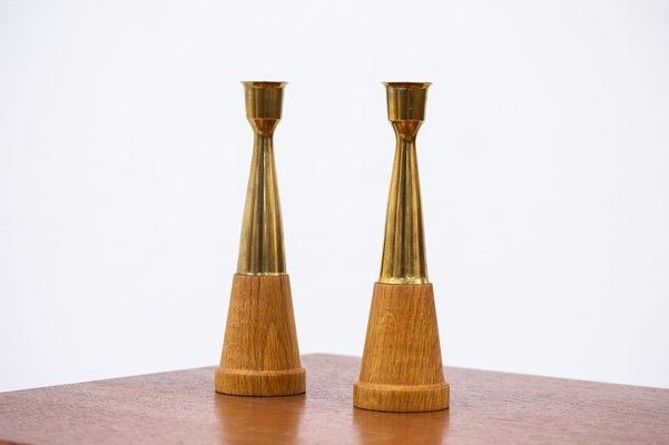 Vintage Scandinavian Oak & Brass Candlesticks, 1960s, Set of 2-TM-1695093