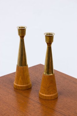 Vintage Scandinavian Oak & Brass Candlesticks, 1960s, Set of 2-TM-1695093