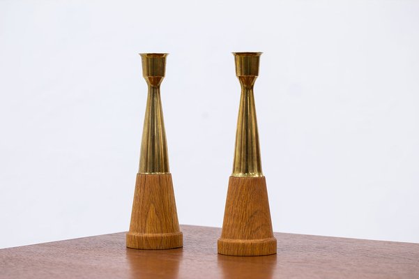 Vintage Scandinavian Oak & Brass Candlesticks, 1960s, Set of 2-TM-1695093