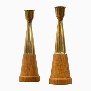 Vintage Scandinavian Oak & Brass Candlesticks, 1960s, Set of 2-TM-1695093