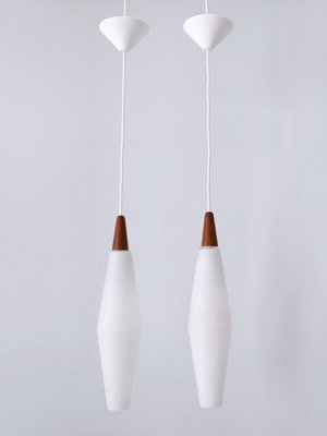 Vintage Scandinavian Opaline Glass and Teak Pendant Lamps, 1960s, Set of 2-WPT-1725565