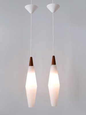 Vintage Scandinavian Opaline Glass and Teak Pendant Lamps, 1960s, Set of 2-WPT-1725565