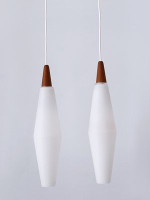 Vintage Scandinavian Opaline Glass and Teak Pendant Lamps, 1960s, Set of 2-WPT-1725565