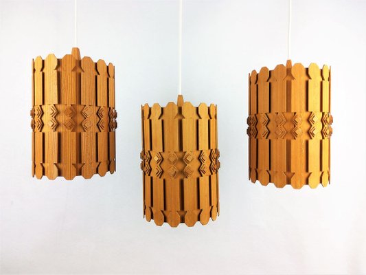 Vintage Scandinavian Pine Ceiling Lamps, 1960s, Set of 3-YBU-699672