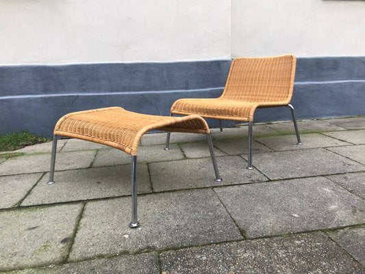 Vintage Scandinavian Rattan and Chromed Steel Lounge Chair and Ottoman Set, 1970s-LCR-569329