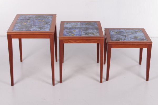 Vintage Set of 3 Side Tables with Blue Tiles, 1960s, Denmark-EZZ-1150870