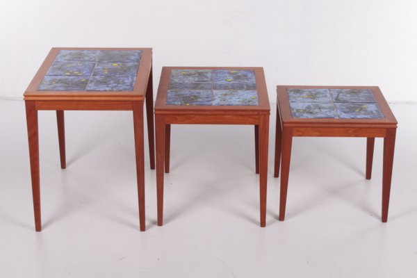 Vintage Set of 3 Side Tables with Blue Tiles, 1960s, Denmark-EZZ-1150870