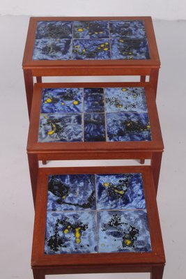 Vintage Set of 3 Side Tables with Blue Tiles, 1960s, Denmark-EZZ-1150870