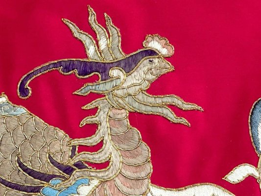 Vintage Silk and Metal Chinese Embroidery Dragon Design, 1950s-YMM-2042665