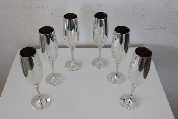 Vintage Silver Plated Flute Glasses, 1980s, Set of 6-DCO-1336352