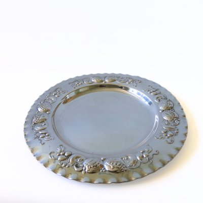 Vintage Silver Plated Round Tray with Embossed Flower Pattern, Sweden-JKV-1799331