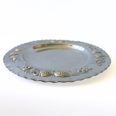 Vintage Silver Plated Round Tray with Embossed Flower Pattern, Sweden-JKV-1799331