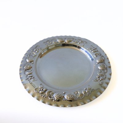 Vintage Silver Plated Round Tray with Embossed Flower Pattern, Sweden-JKV-1799331