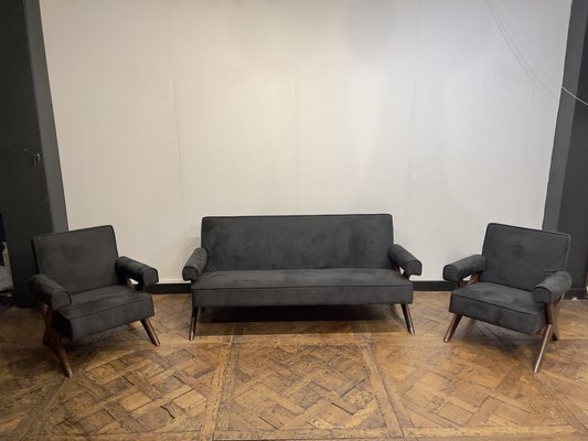 Vintage Sofa and Armchairs by Pierre Jeanneret, 1956, Set of 3-DLN-1780617