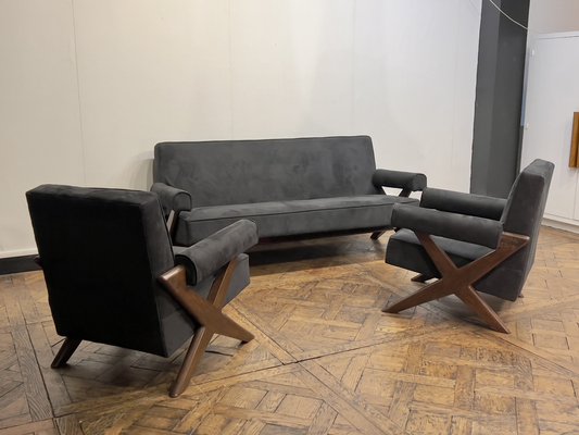 Vintage Sofa and Armchairs by Pierre Jeanneret, 1956, Set of 3-DLN-1780617